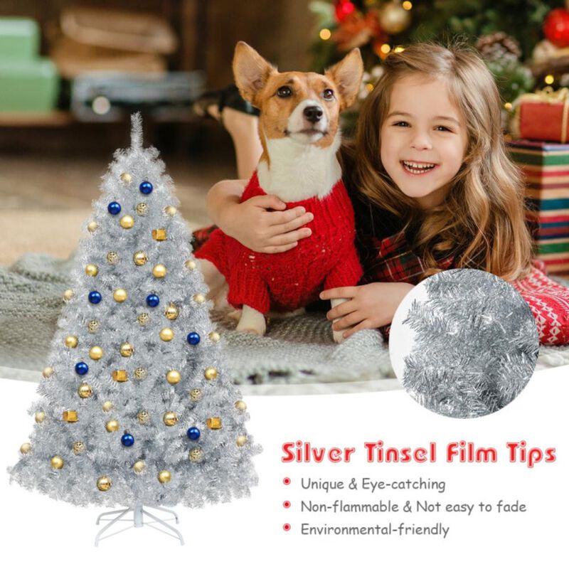 Hivvago 6 Feet Hinged Unlit Artificial Silver Tinsel Christmas Tree with Metal Stand