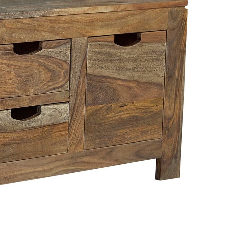 Dale 53 Inch Rustic Storage Coffee Table, 6 Gliding Pull Out Drawers, Brown-Benzara