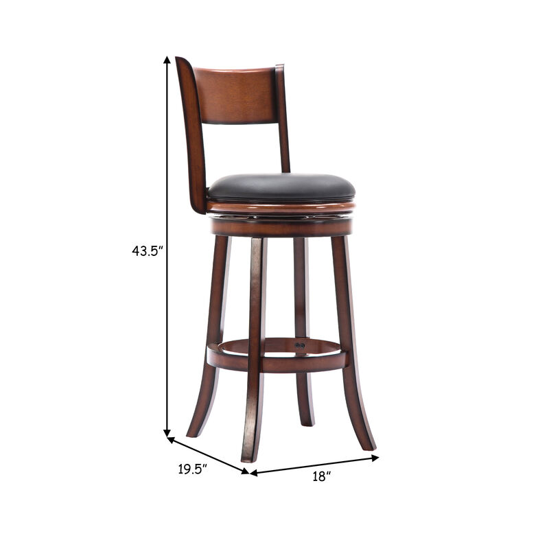 Pal 29 Inch Swivel Bar Stool, Solid Wood, Rich Bonded Leather, Brown-Benzara