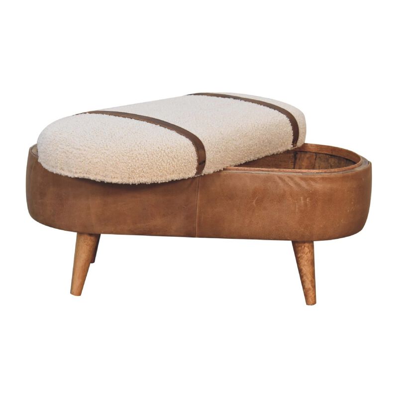 Solid Wood Tan Bufallo Leather Boucle Nordic Bench