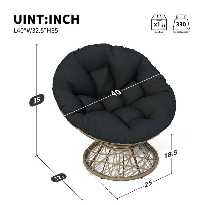 40" Ergonomic Wicker Chair with Cloud Thick Density Fabric Cushion,3-proof Cover,High Capacity Iron Frame,Fluid 360 Degree Swivel for Reading,Living Room, Bedroom,Lounge