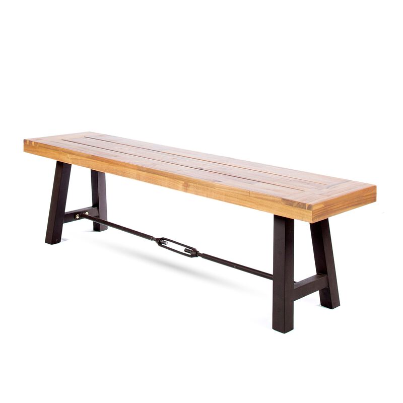 Outdoor Accent Dining Bench, 63" Brown Acacia Wood Top, Black Metal - Benzara