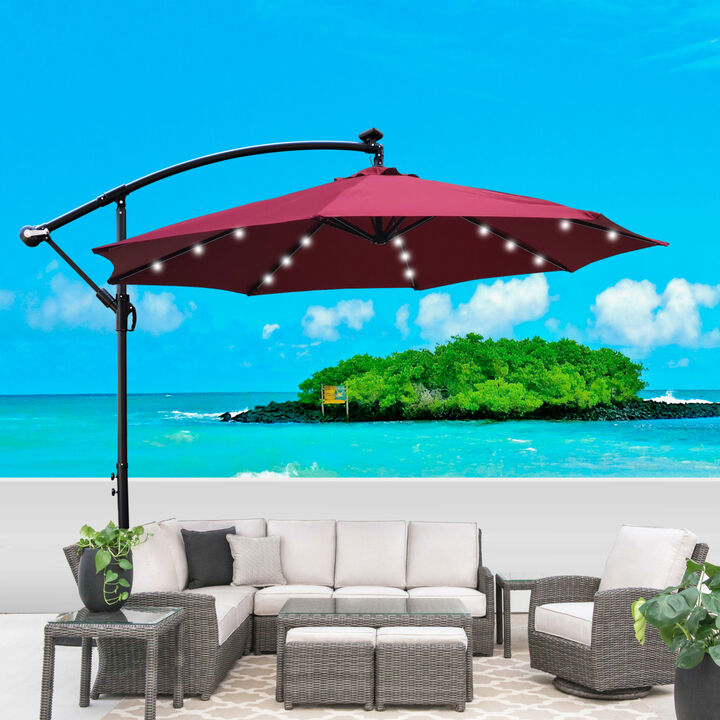 10ft LED Solar Patio Umbrella with Crank and Cross Base