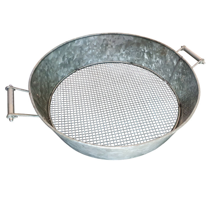 Round Galvanized Steel Compost Sifter with Wire Mesh Design Base, Antique Silver - Benzara