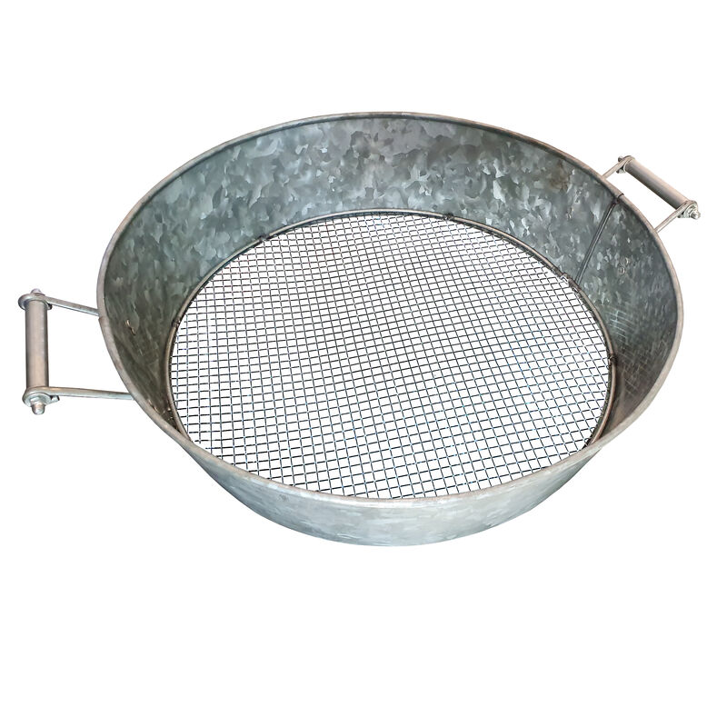 Round Galvanized Steel Compost Sifter with Wire Mesh Design Base, Antique Silver - Benzara