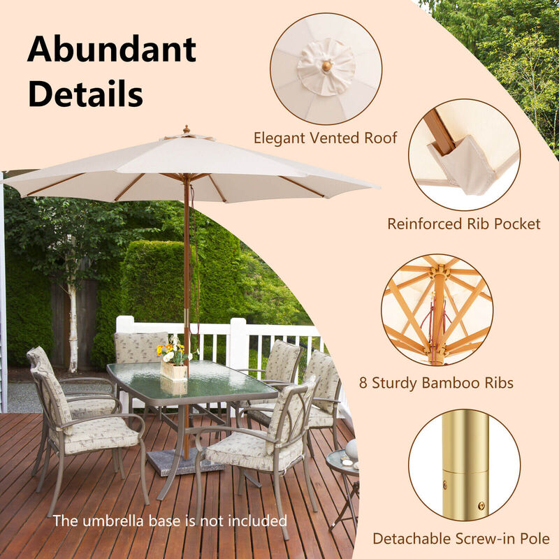 10 Feet Patio Umbrella with 8 Wooden Ribs and 3 Adjustable Heights-Beige