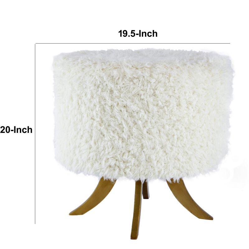 20 Inch Ottoman, Foam Filled, Shearling Fabric, Wood Frame, White, Brown-Benzara