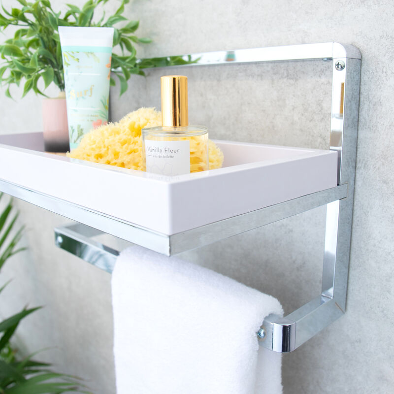 Wall Mounted Chrome Towel Rack and Wall Shelf with Removable White Tray