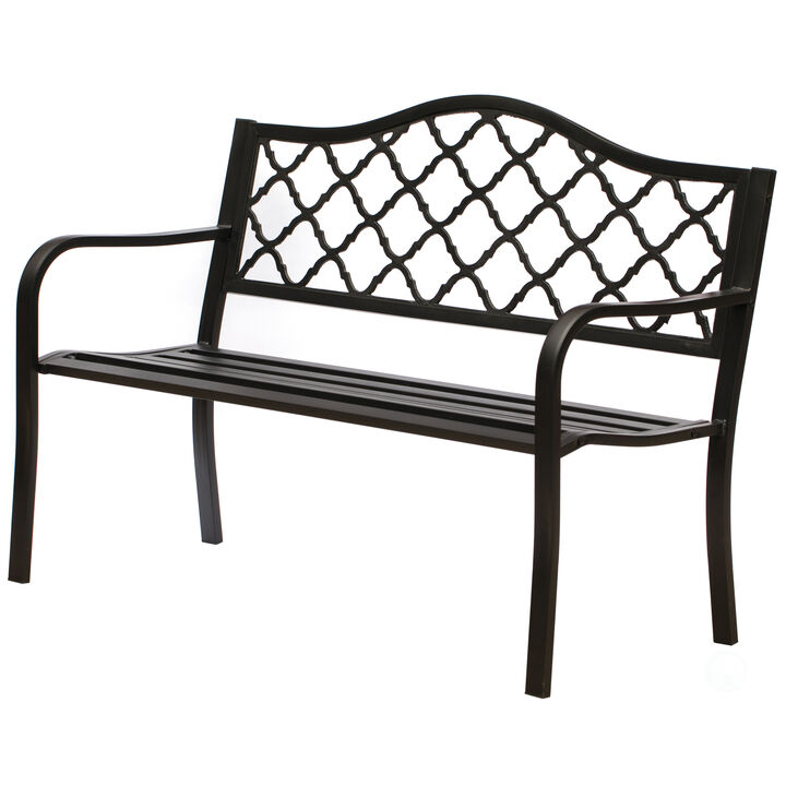 Gardenised Outdoor Garden Patio Steel Park Bench Lawn Decor with Cast Iron Back, Black Seating bench for Yard, Patio, Garden and Deck