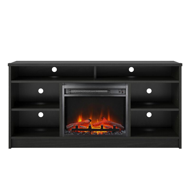 REALROOMS Hickory Hill 55" TV Stand with Electric Fireplace Space Heater and 6 Shelves