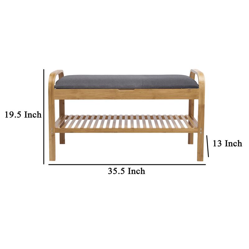 Mindy Shoe Storage Bench, Gray Polyester Seat, Walnut Brown Bamboo, 36 Inch