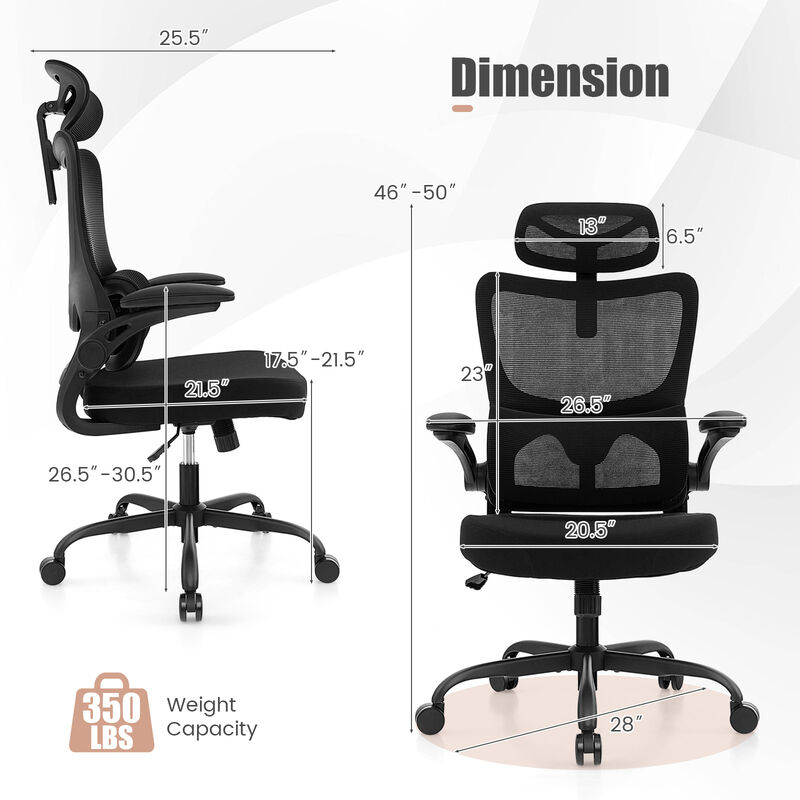 Mesh Office Chair with Adaptive Lumbar Support  Flip-up Armrests  Reclining Backrest-Black