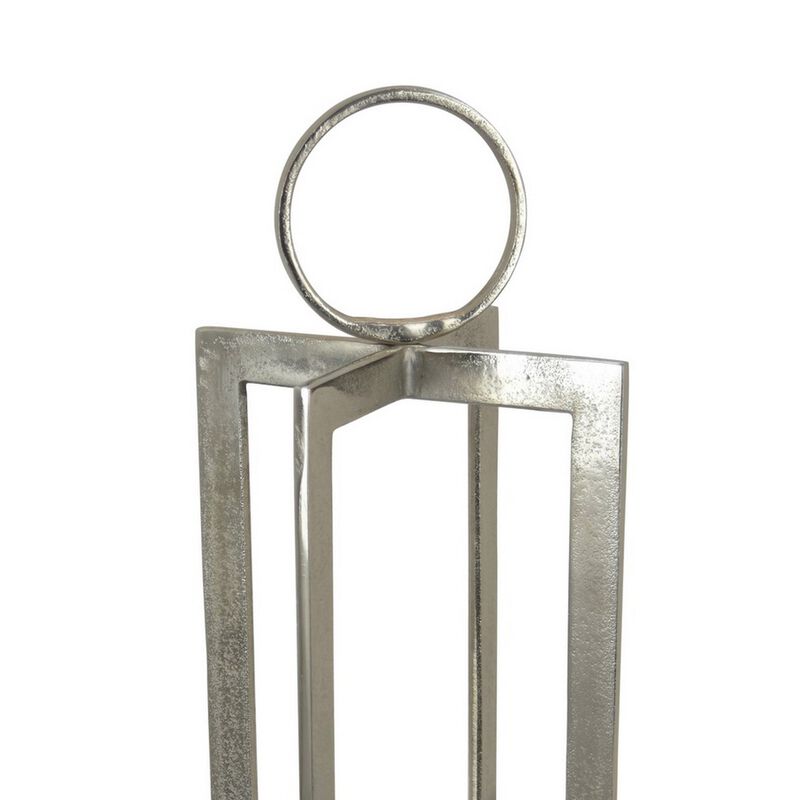 Siana Lantern Candle Holder, 27 Inch Tall, Silver Finished Metal Frame - Benzara