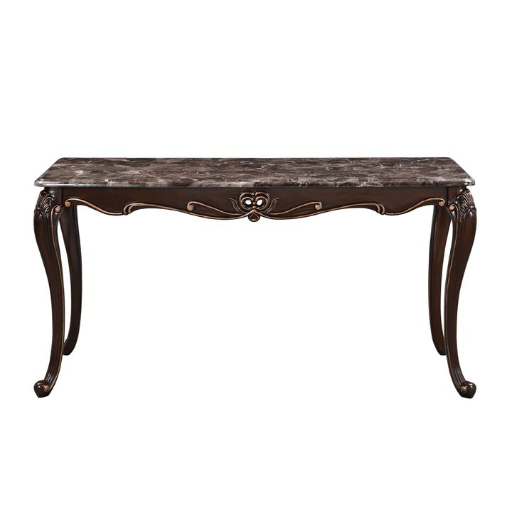 Cona 58 Inch Console Table, Carved Gold Accents, Cherry Brown, Gray, White - Benzara