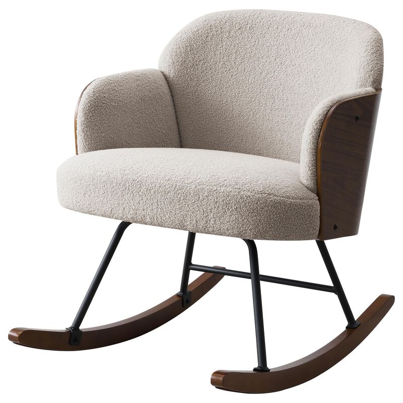 Perry Accent Rocking Chair, Modern Walnut Brown Bentwood, Beige Boucle - Benzara