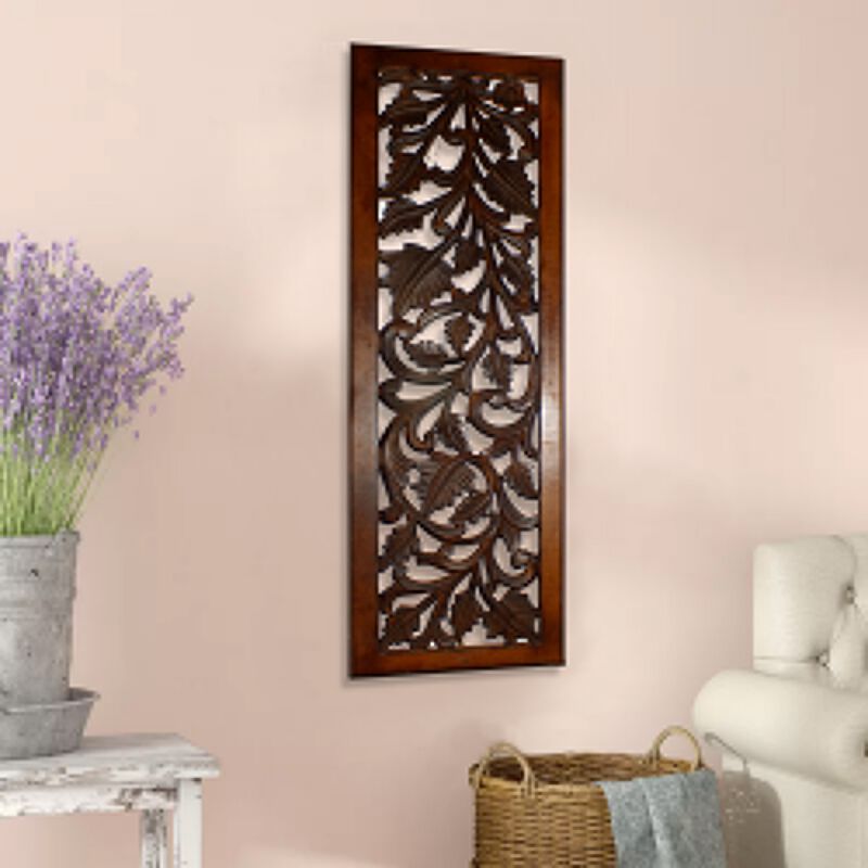 Mango Wood Wall Panel Hand Crafted with Leaves and Scroll Work Motif, Brown-Benzara