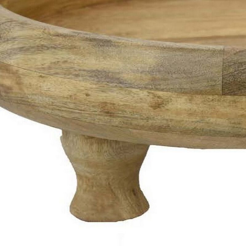 Remi 17 Inch Wood Decorative Bowl, Footed Pedestal Brown Solid Wood - Benzara