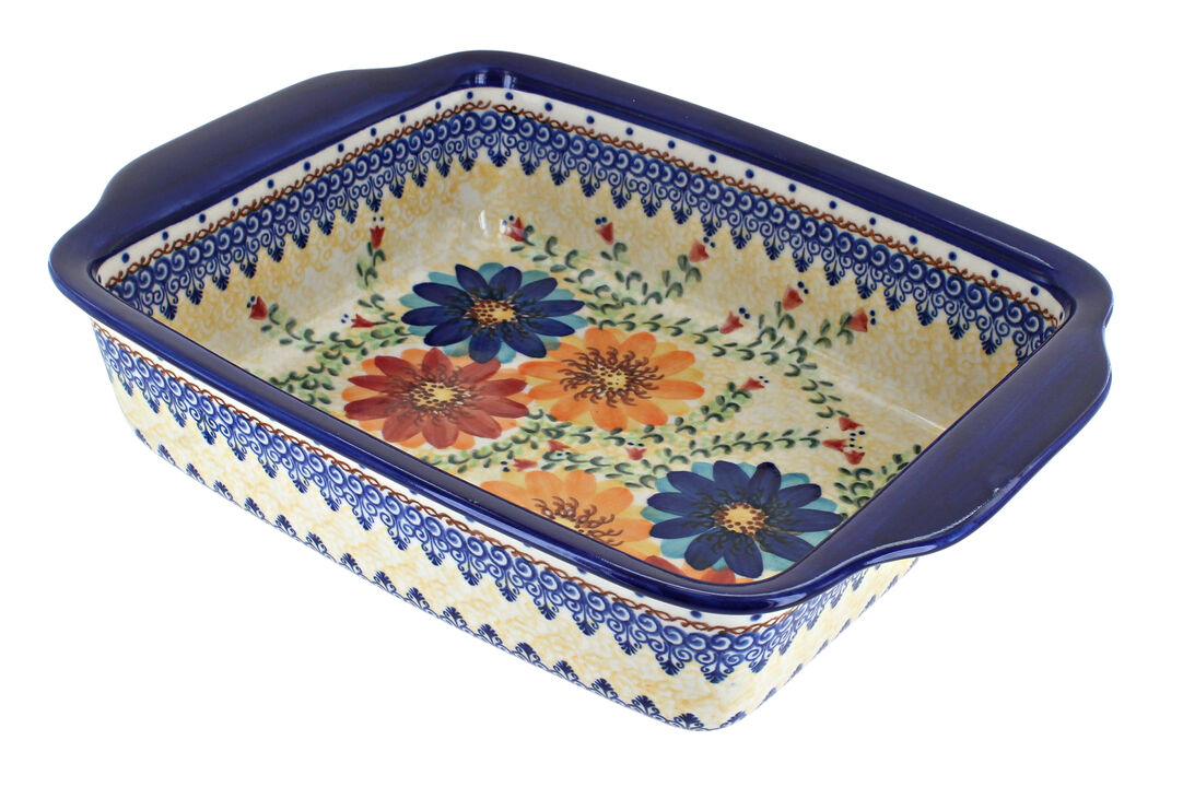 Blue Rose Polish Pottery Apple Blossom Medium Rectangular Baker with Handles