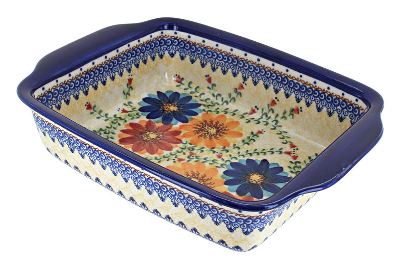Blue Rose Polish Pottery Apple Blossom Medium Rectangular Baker with Handles