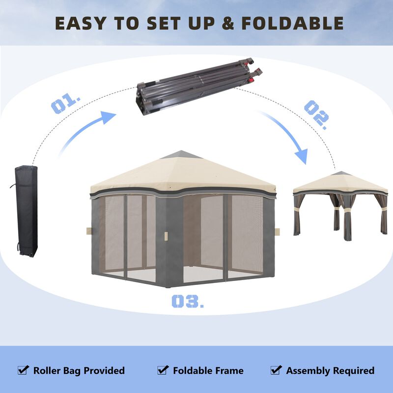 Beige Outdoor Shelter: 10x10 Pop Up Canopy with Netting & Accessories