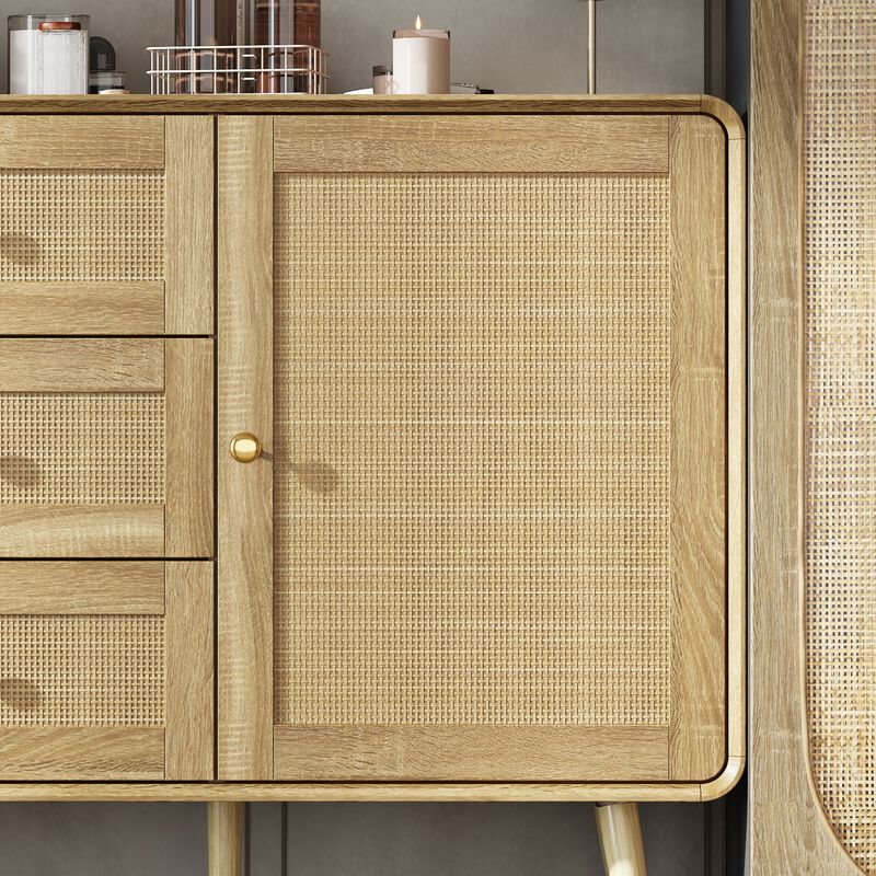 FUFU&GAGA Modern Rattan Dresser with Gold Handles & Legs, 3 Drawers & 2 Cabinets, Natural Wood Finish (55.1" W x 13.8" D x 32.1" H),White