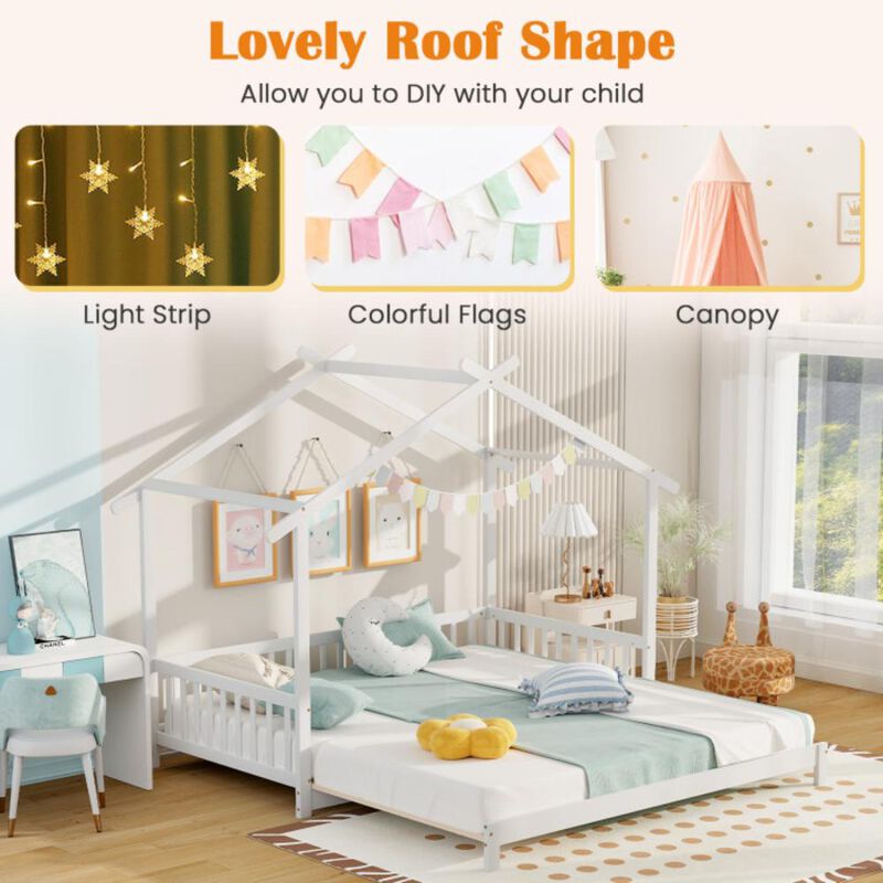 Hivvago Extendable House Bed Twin to King Daybed with Roof and Fence Rails