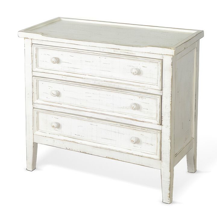 Rena Side End Table with 3 Drawers, 28 Inch Rustic White Mahogany Wood - Benzara