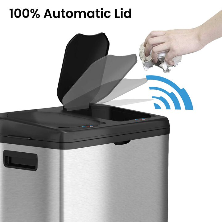 iTouchless 16 Gallon Dual-Compartment Stainless Steel Sensor Recycle Bin/Trash Can with Black Lid