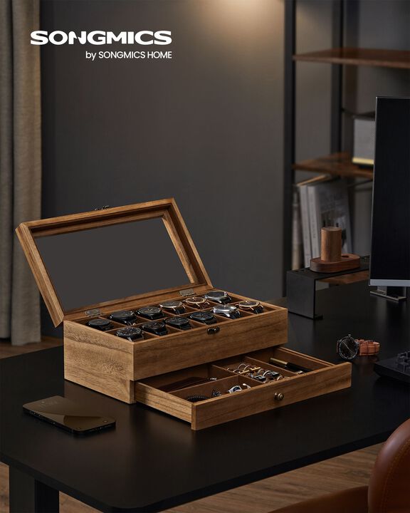 Rustic Walnut Solid Wood Watch Box with Pillows and Glass Lid - Perfect for Men