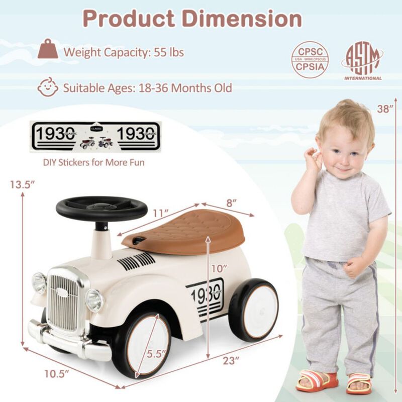Kids Sit to Stand Vehicle with Working Steering Wheel and Under Seat Storage-White