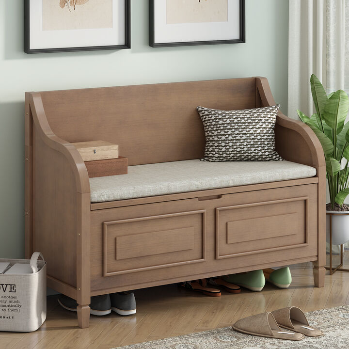 Gewnee Rustic Style Solid wood Entryway Multifunctional Storage Bench with Safety Hinge (Brown+ Beige)