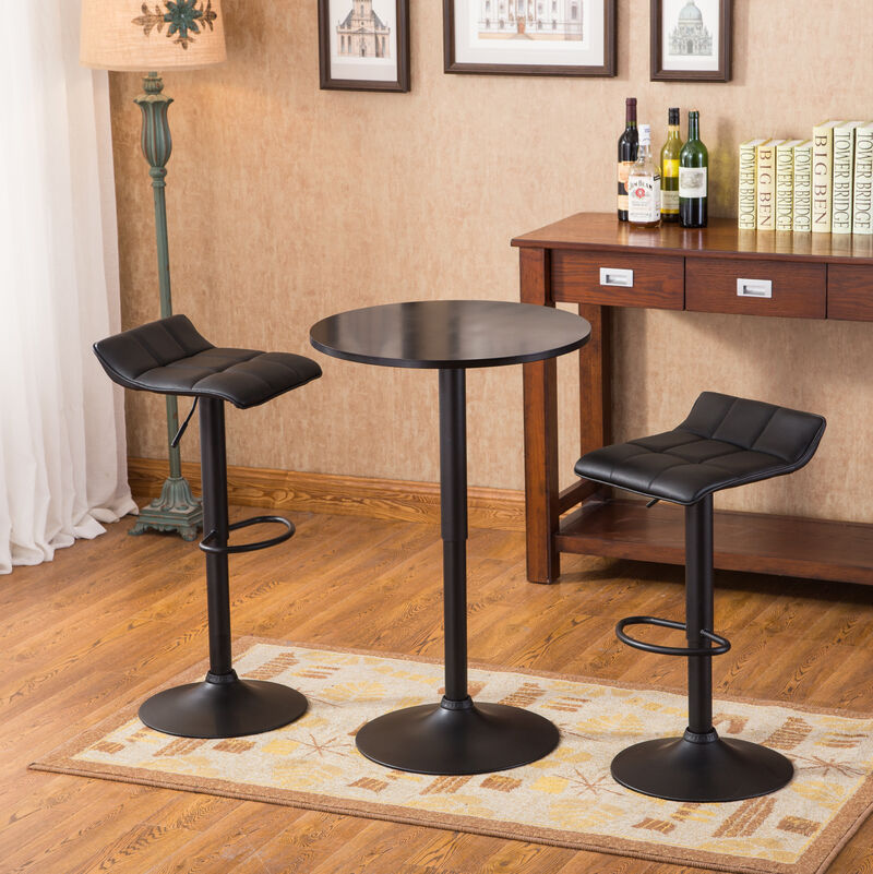 Belham Black Round Top Adjustable Height Bar Table and 2 Bonded Leather Swivel Bar Stools