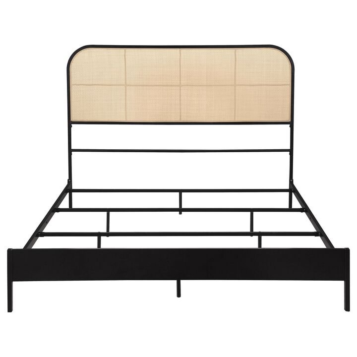 Ammy Queen Bed, Radio Weave Headboard, Brown Faux Rattan, Black Metal  - Benzara