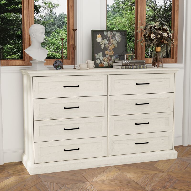 FUFU&GAGA 8-Drawer Dresser, Wide Wooden Storage Chest with Metal Handles, Large Capacity Organizer for Bedroom， (54.6" W x 33.1" H x 15.7" D),Rustic White