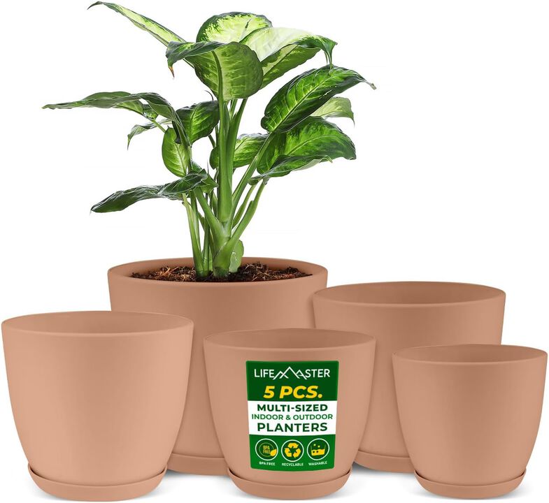 Planter Pots with Drainage Holes - Lightweight, Durable, and Space-Saving Pots for Indoor and Outdoor - Versatile Functionality, Simple Modern Design, Plastic Planter Pots
