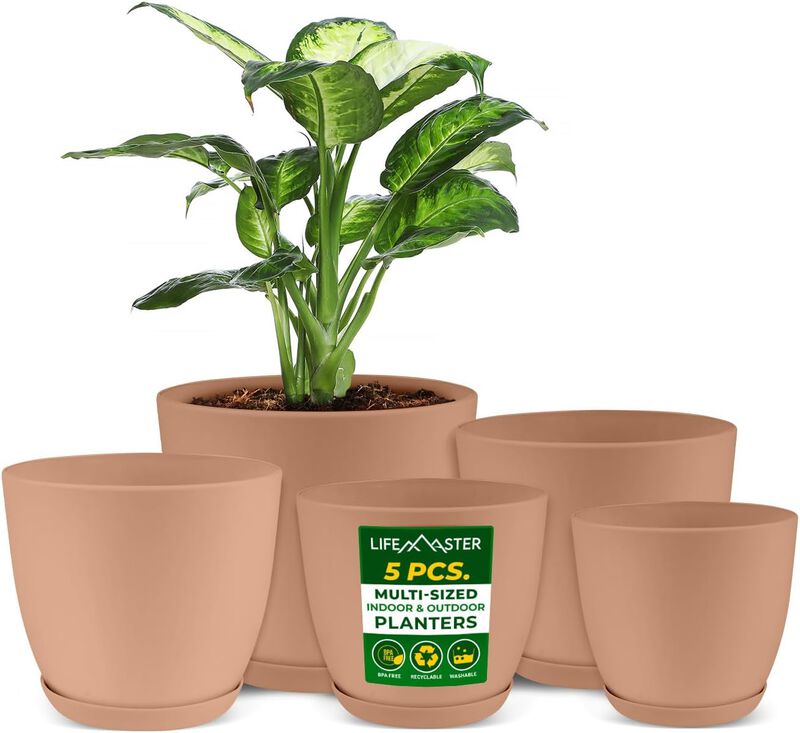 Planter Pots with Drainage Holes - Lightweight, Durable, and Space-Saving Pots for Indoor and Outdoor - Versatile Functionality, Simple Modern Design, Plastic Planter Pots