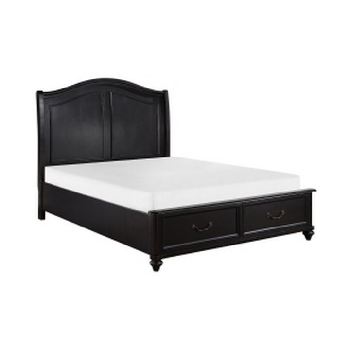 Vix Queen Size Platform Bed, Panel Arch Design, 2 Storage Drawers, Black - Benzara
