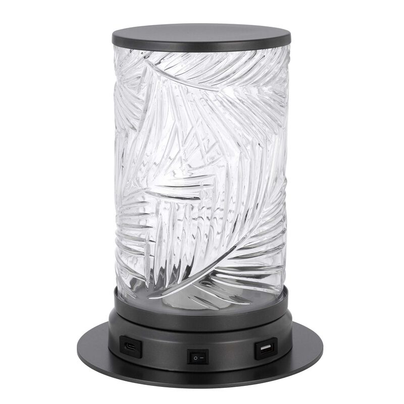 Hem 9 Inch Accent Lamp, LED, Leaf Pattern Glass Shade, Gray Metal Finish - Benzara