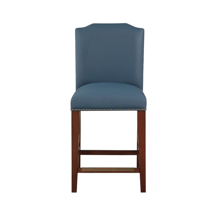 Comfort Pointe Bristol Stationary Blue Faux Leather Counter Stool with Nail Heads