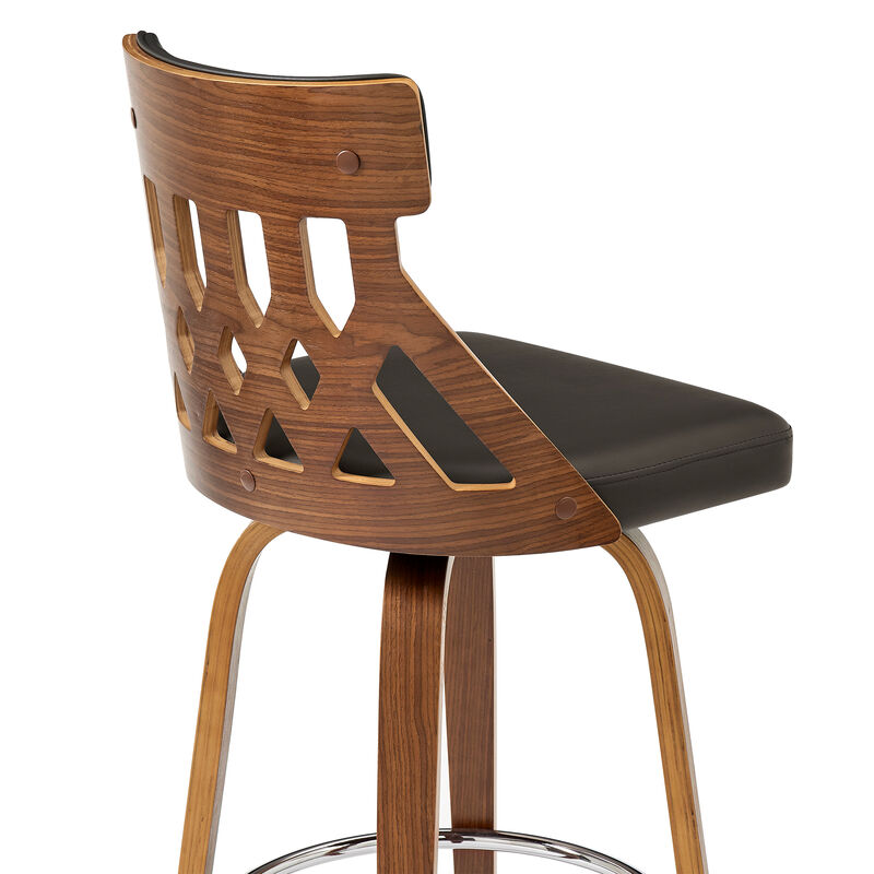Crux Swivel Bar Stool in Cream Faux Leather and Walnut Wood