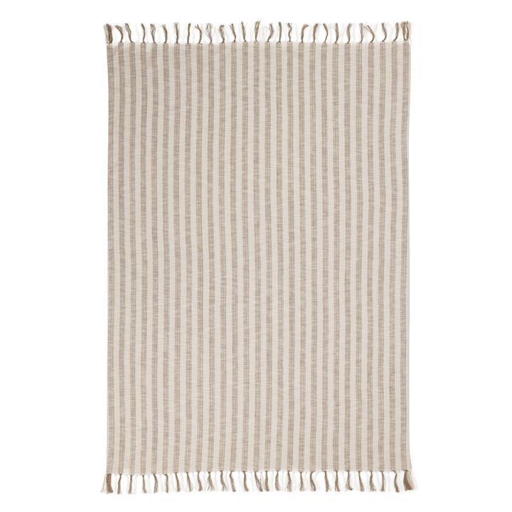Rezza Throw Blanket, 50x70 Ivory White Cotton, Woven Stripes, Tassels - Benzara