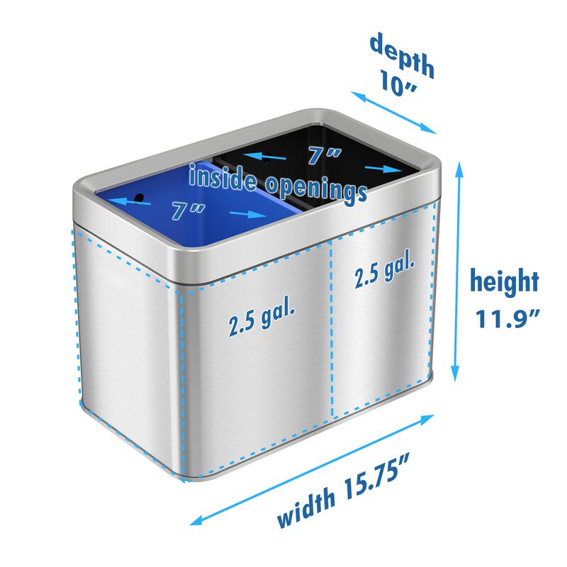 iTouchless 5.3 Gallon / 20 Liter Dual Compartment Open Top Trash Can & Recycle Bin