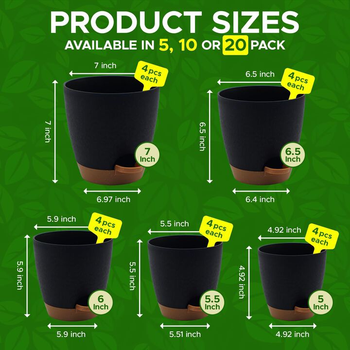 Campior Self-Watering Planters - 5 Size Indoor and Outdoor Plant Pots with Drainage Holes and Wick Rope, Plastic Pot for Succulents, Flowers, and Plants, (7”,6.5”,6”,5.5”,5” Inches), Pack of 20, Black