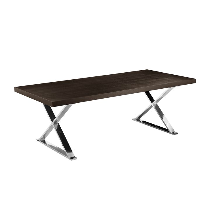 Rix 87 Inch Dining Table, Espresso Brown Wood Top, X Chrome Steel Legs - Benzara