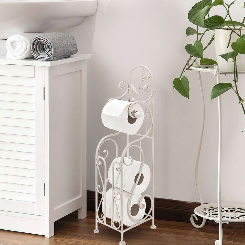 Benzara Classic Free standing Metal Toilet Paper Holder, Off White-Benzara