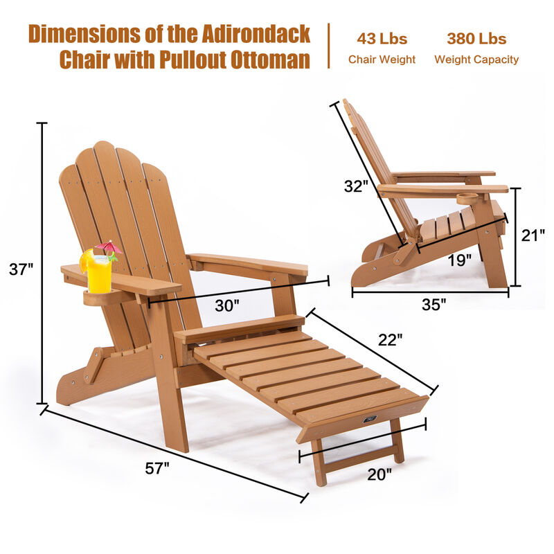 Tale Folding Adirondack Chair With Pullout Ottoman With Cup Holder, Oversized, Poly Lumber