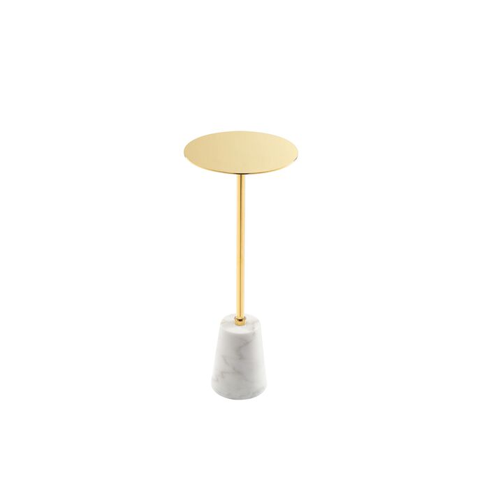 Sen 8 Inch Side End Drink Table, Round, White Genuine Marble, Gold Finish - Benzara