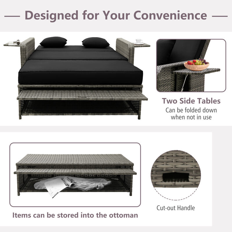 Wicker Loveseat Sofa with Multipurpose Ottoman and Retractable Side Tray