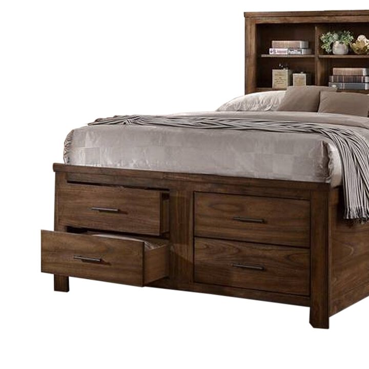 Tiva Wood Queen Size Bed, 6 Drawers, Book Case Frame, Distressed Oak Brown - Benzara