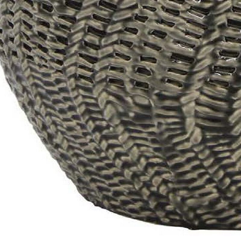 20 Inch Accent Vase with Mesh Like Design, Round, Gray Ceramic Finish - Benzara